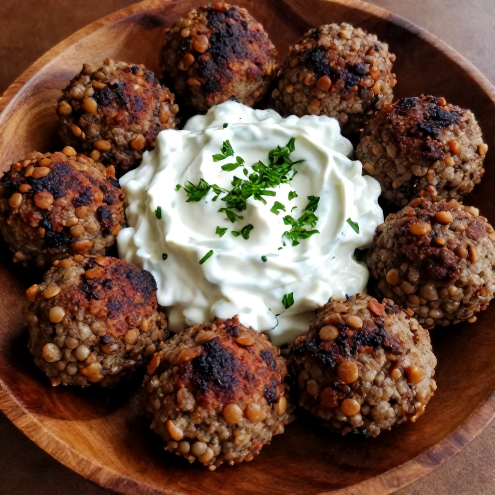 Plated Greek lentil meatballs with tzatziki sauce