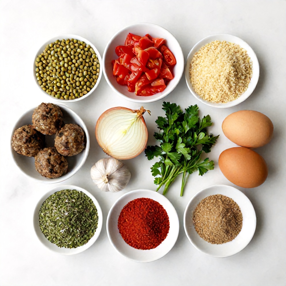 Raw ingredients for Greek lentil meatballs