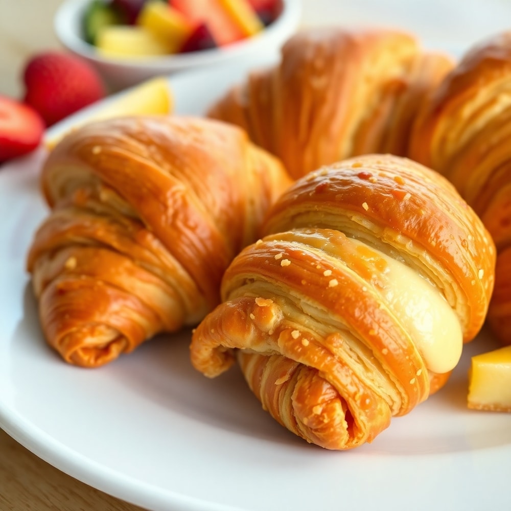 Plated serving of ham and cheese croissants with a side of fresh fruit