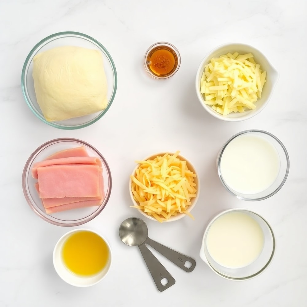 Raw ingredients for ham and cheese croissants on a white marble surface