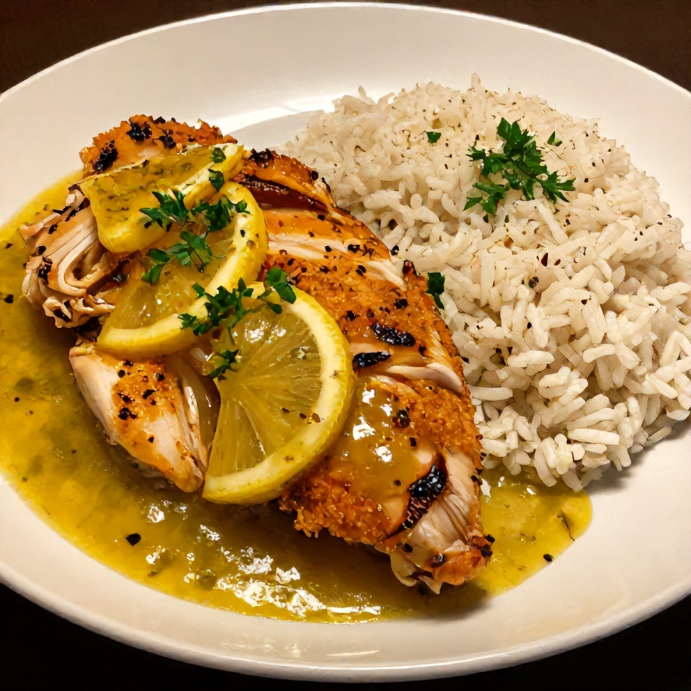 Plated baked lemon pepper chicken with a side of rice