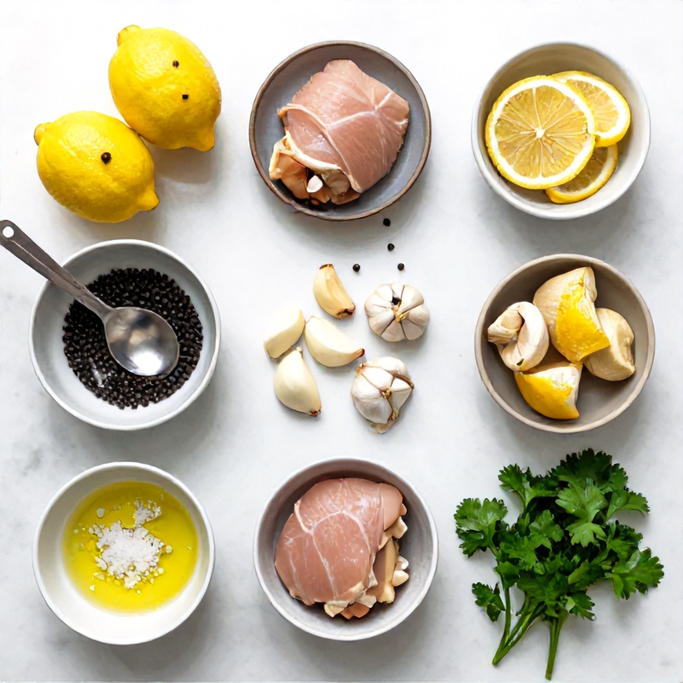 Raw ingredients for baked lemon pepper chicken: chicken, lemons, pepper, garlic, olive oil, salt, and parsley