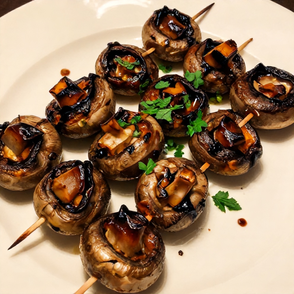 Plated Balsamic Garlic Grilled Mushroom Skewers with fresh parsley
