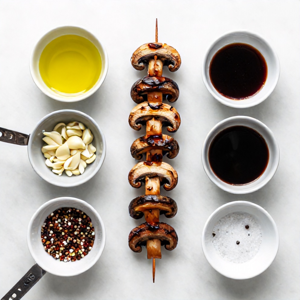 Bowls of sliced mushrooms, minced garlic, balsamic vinegar, olive oil, salt, and pepper on a wooden surface