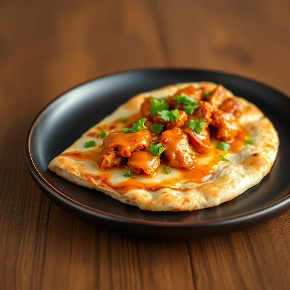 Finished BBQ Chicken Flatbread on a plate with a side of cilantro