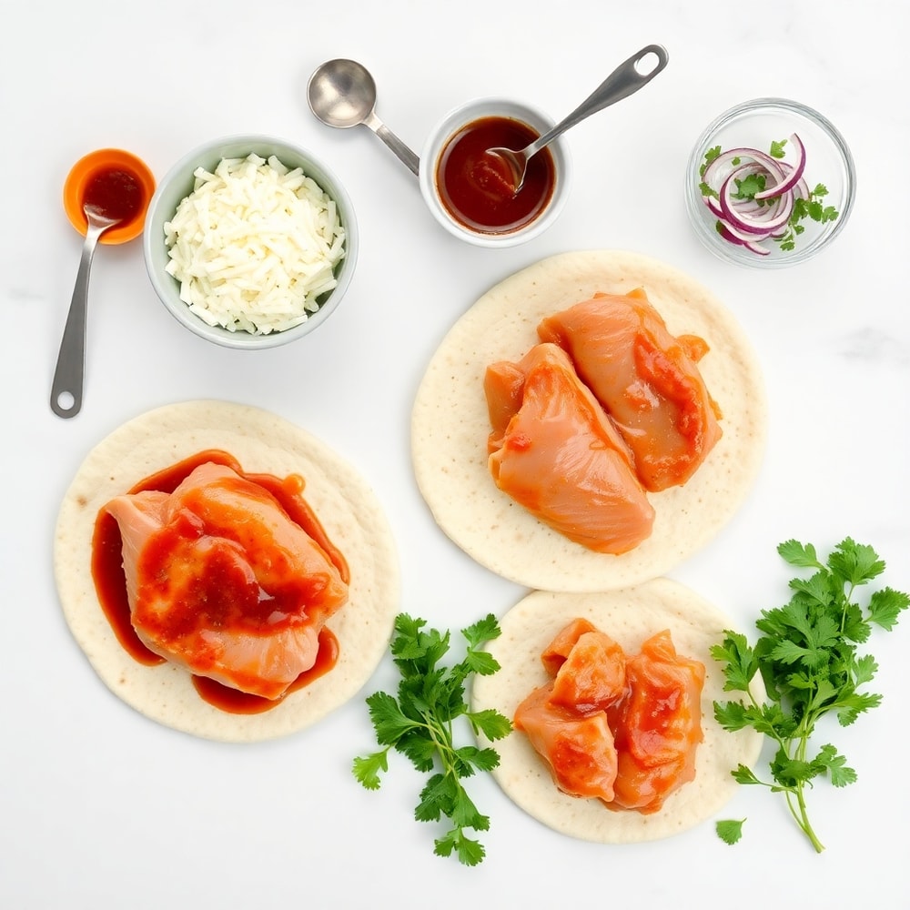 Raw ingredients for BBQ Chicken Flatbread: flatbread, chicken, BBQ sauce, cheese, red onion, cilantro