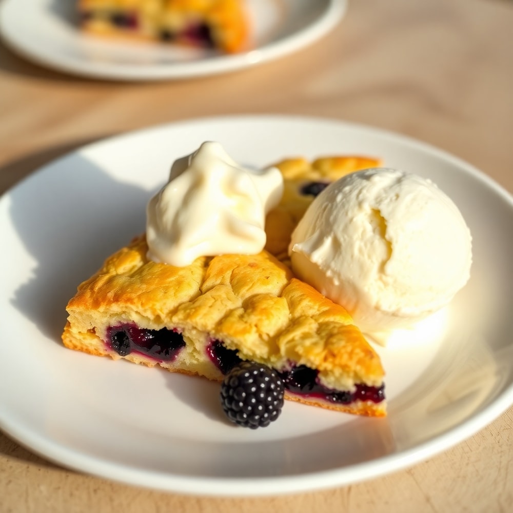 Blackberry shortbread wedges on a white plate with a scoop of vanilla ice cream