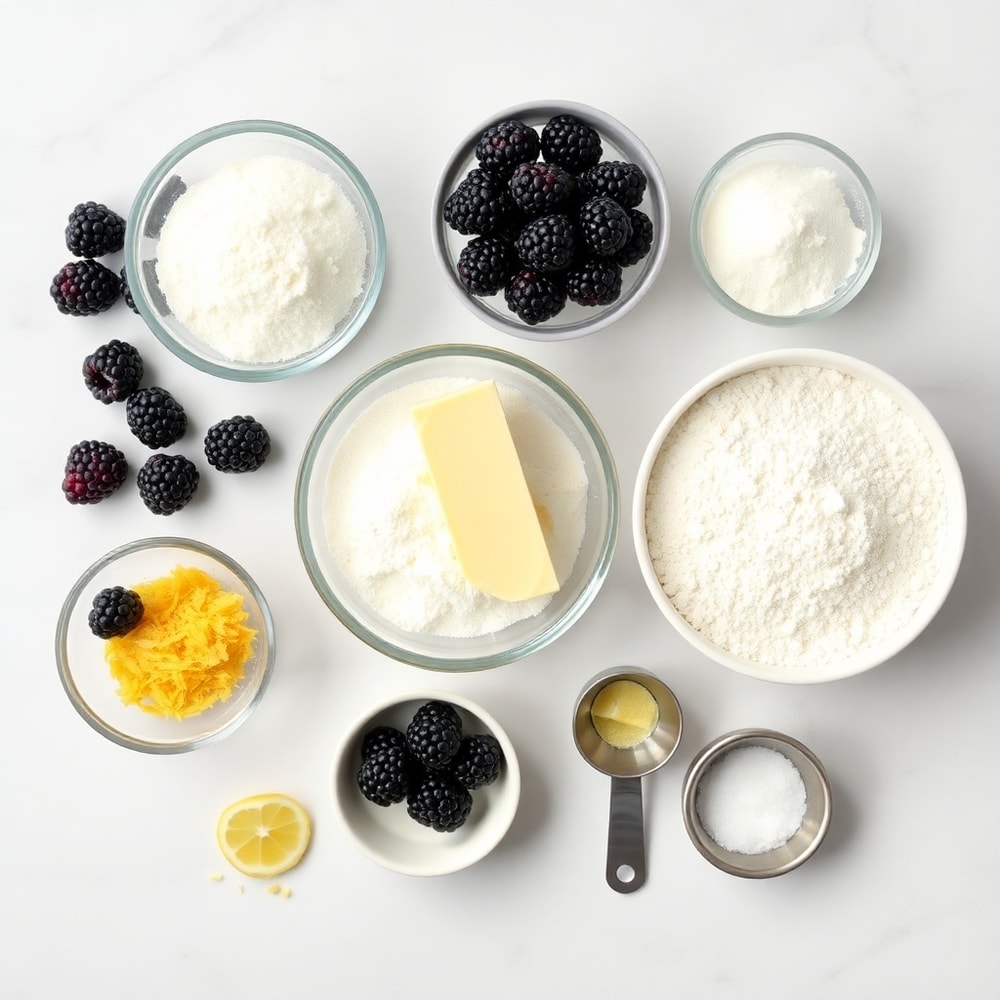 Blackberries, butter, sugar, flour, lemon zest, and salt arranged on a white marble surface