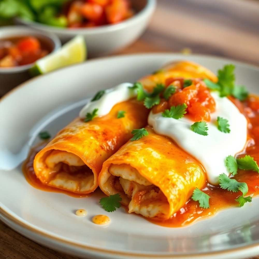 Plated Breakfast Enchiladas with fresh cilantro and sour cream