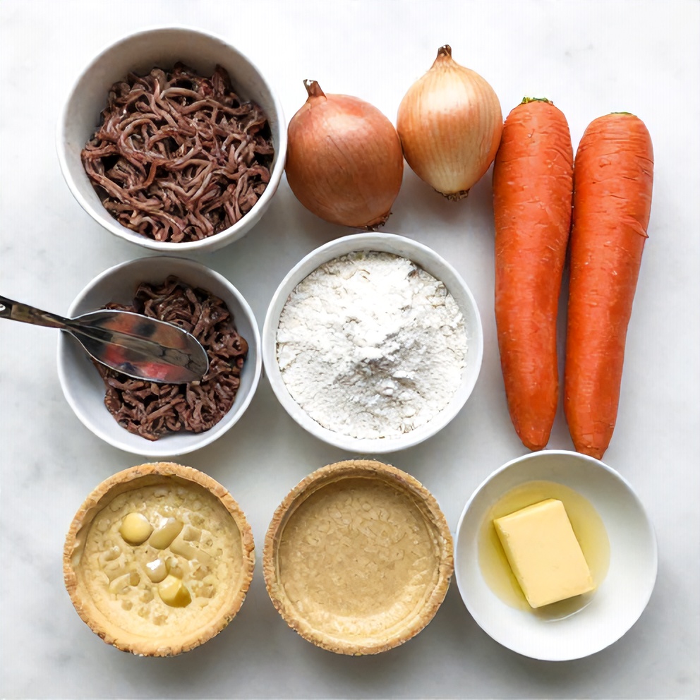 Raw ingredients for British Meat Pies including ground beef, onions, carrots, and homemade shortcrust pastry