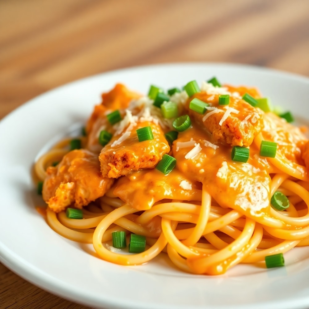 Plated buffalo chicken pasta with green onions and parmesan