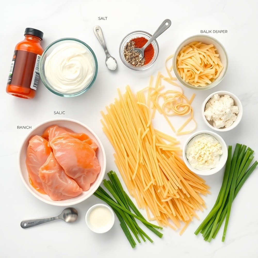 Raw ingredients for buffalo chicken pasta laid out on a marble surface