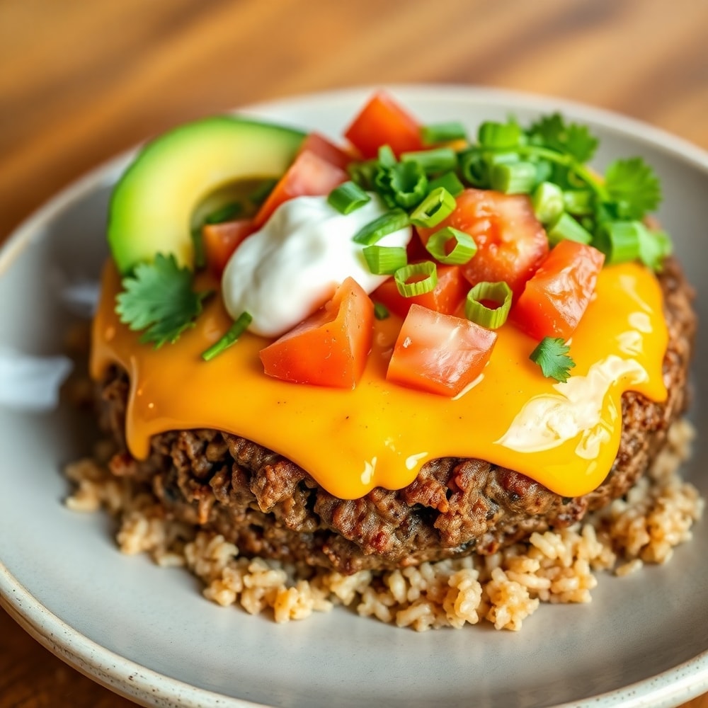 Plated serving of a mouthwatering burger bowl with ground beef, brown rice, and toppings