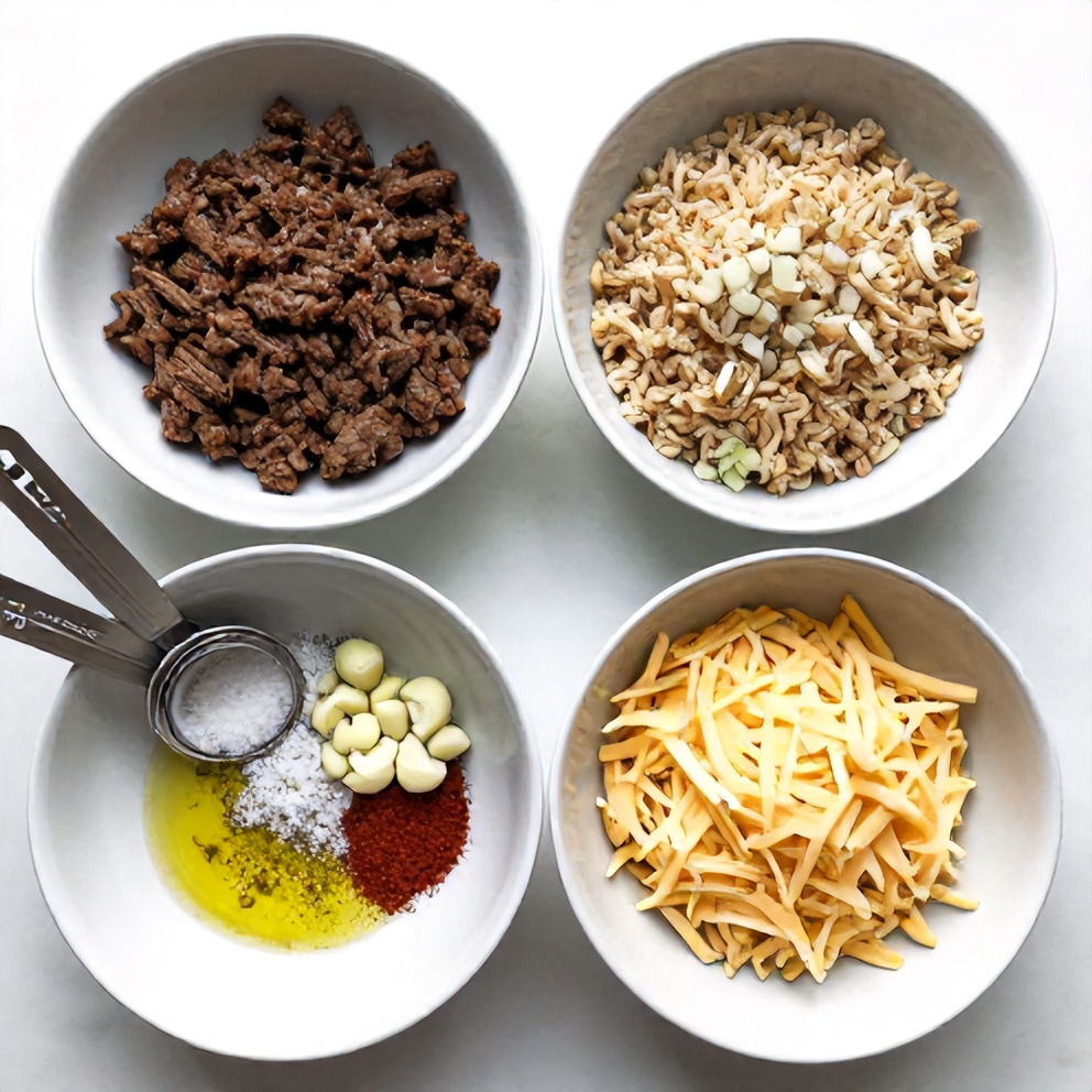 Overhead shot of ground beef, brown rice, onion, garlic, and seasonings for easy burger bowls