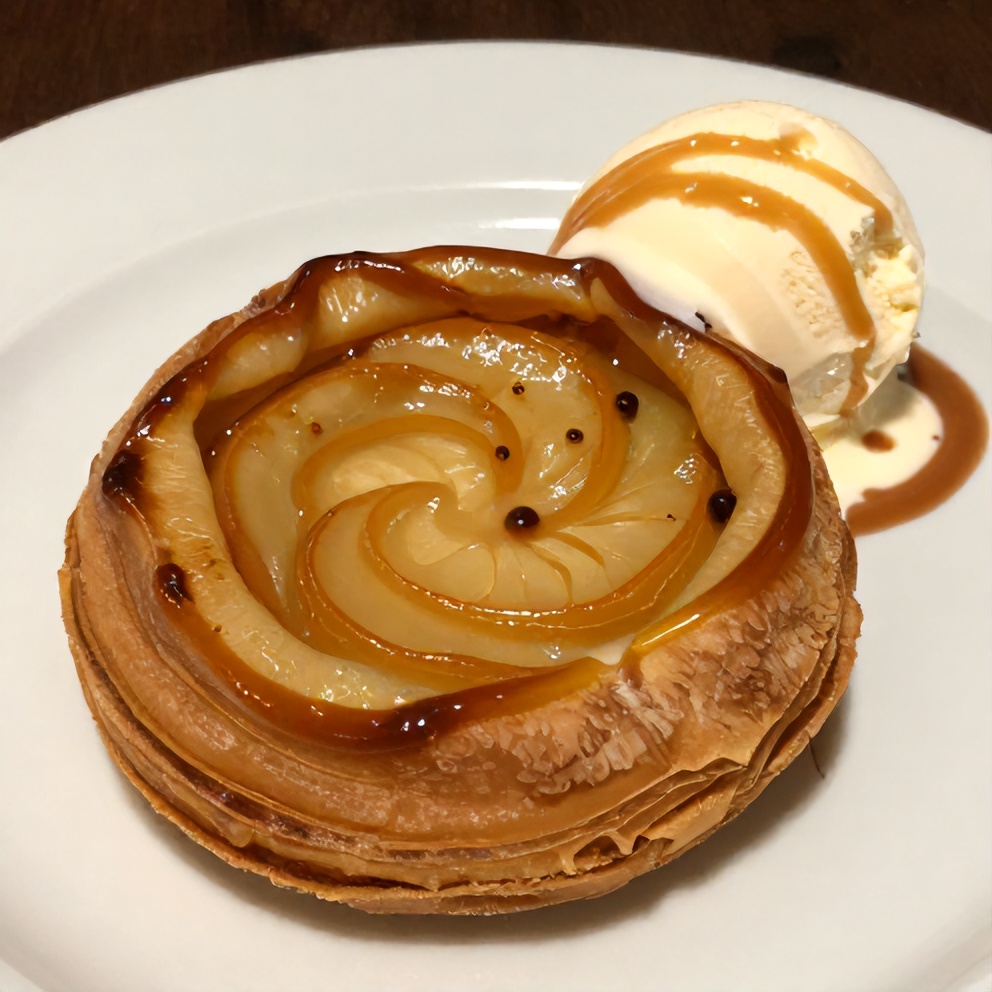 Plated caramel apple puff pastry on a white plate