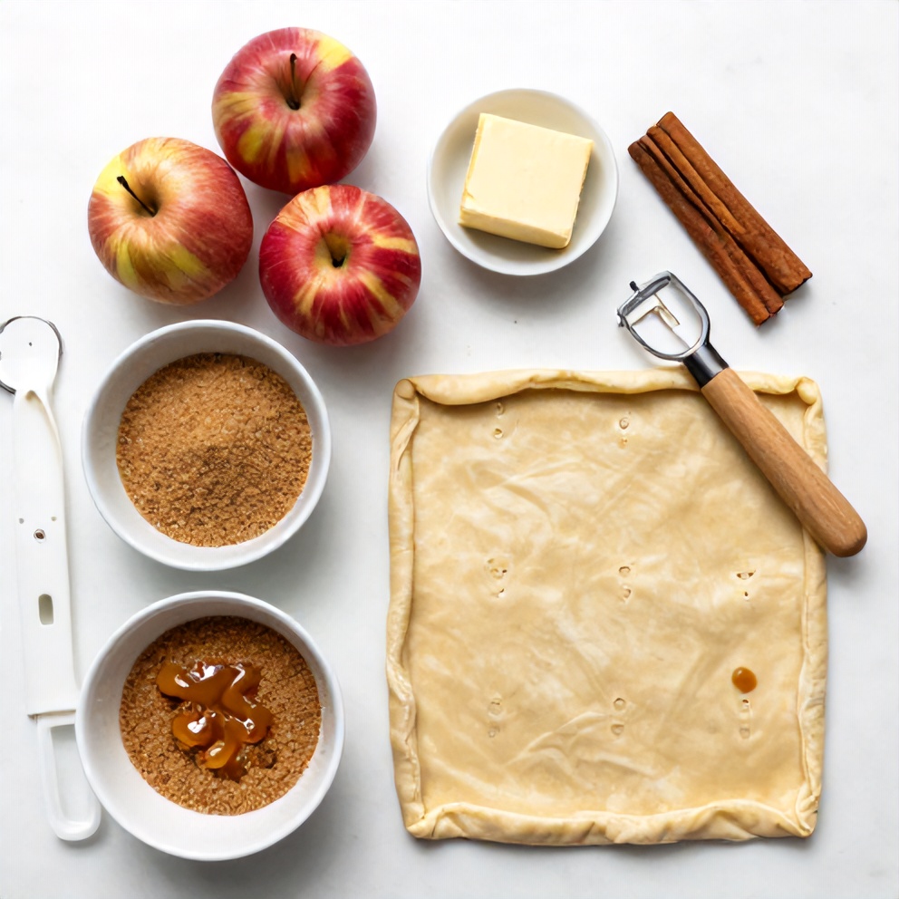 Raw ingredients for caramel apple puff pastry on a white marble surface