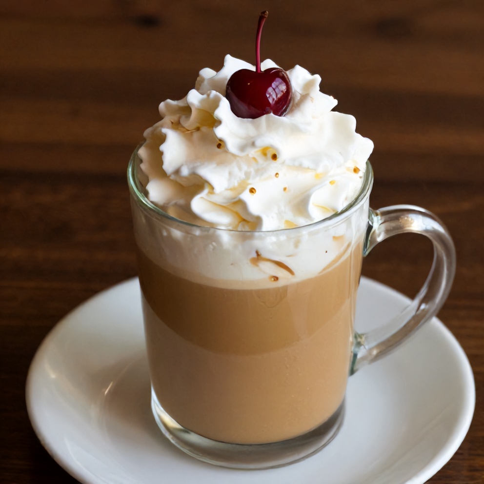 Cherry Vanilla Latte in a mug with whipped cream