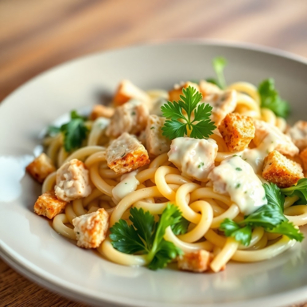 Chicken Caesar Pasta Salad with fresh parsley garnish
