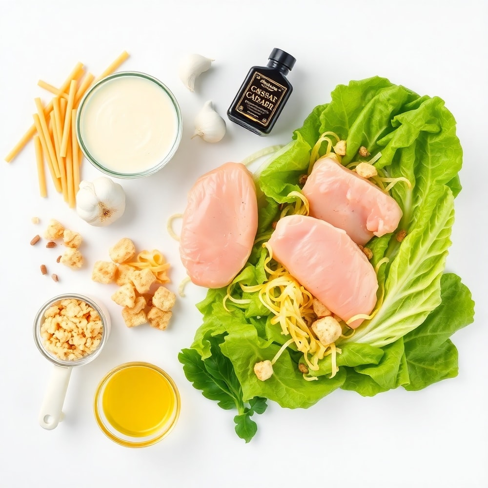 Raw ingredients for Chicken Caesar Pasta Salad