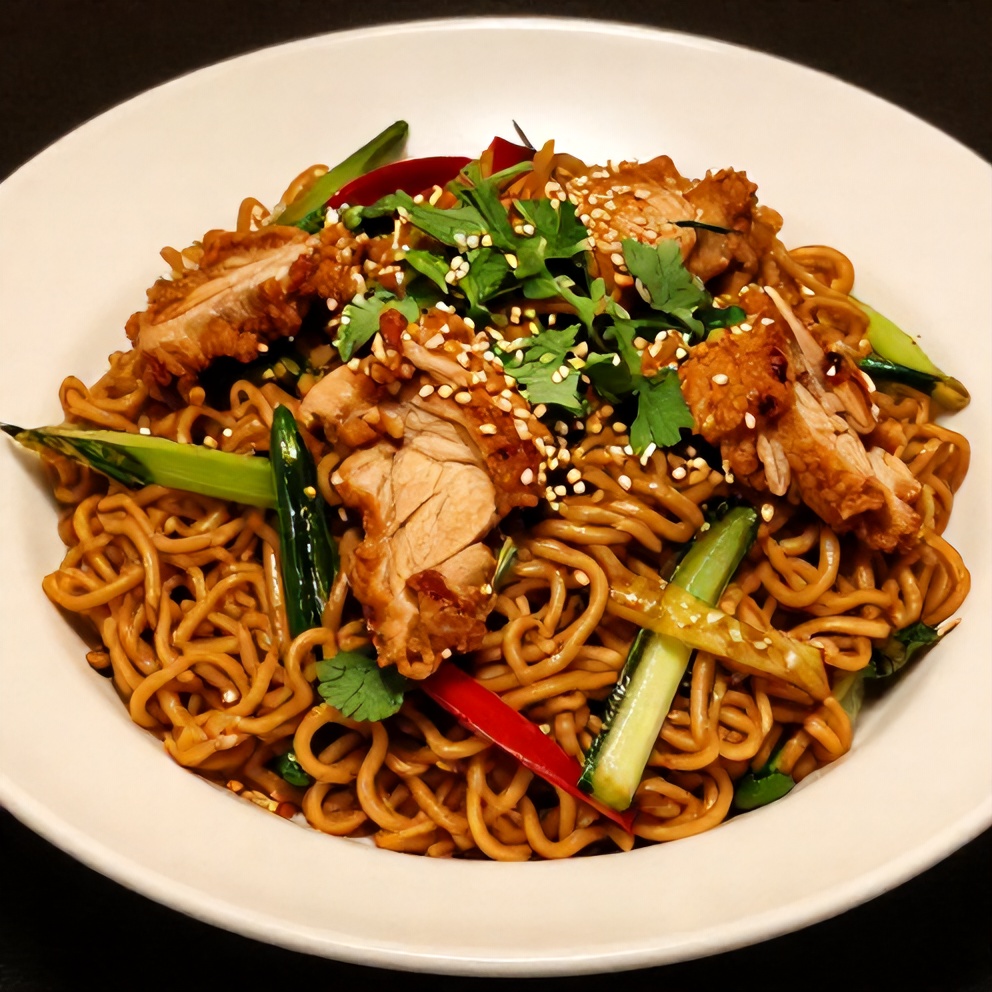 Plated Chicken Ramen Stir Fry on a white plate