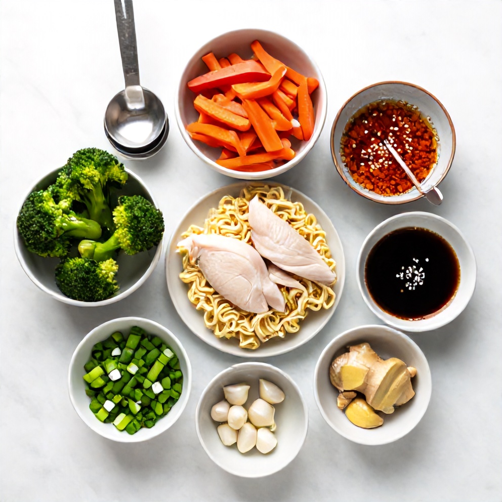 Raw ingredients for Chicken Ramen Stir Fry on a white marble surface