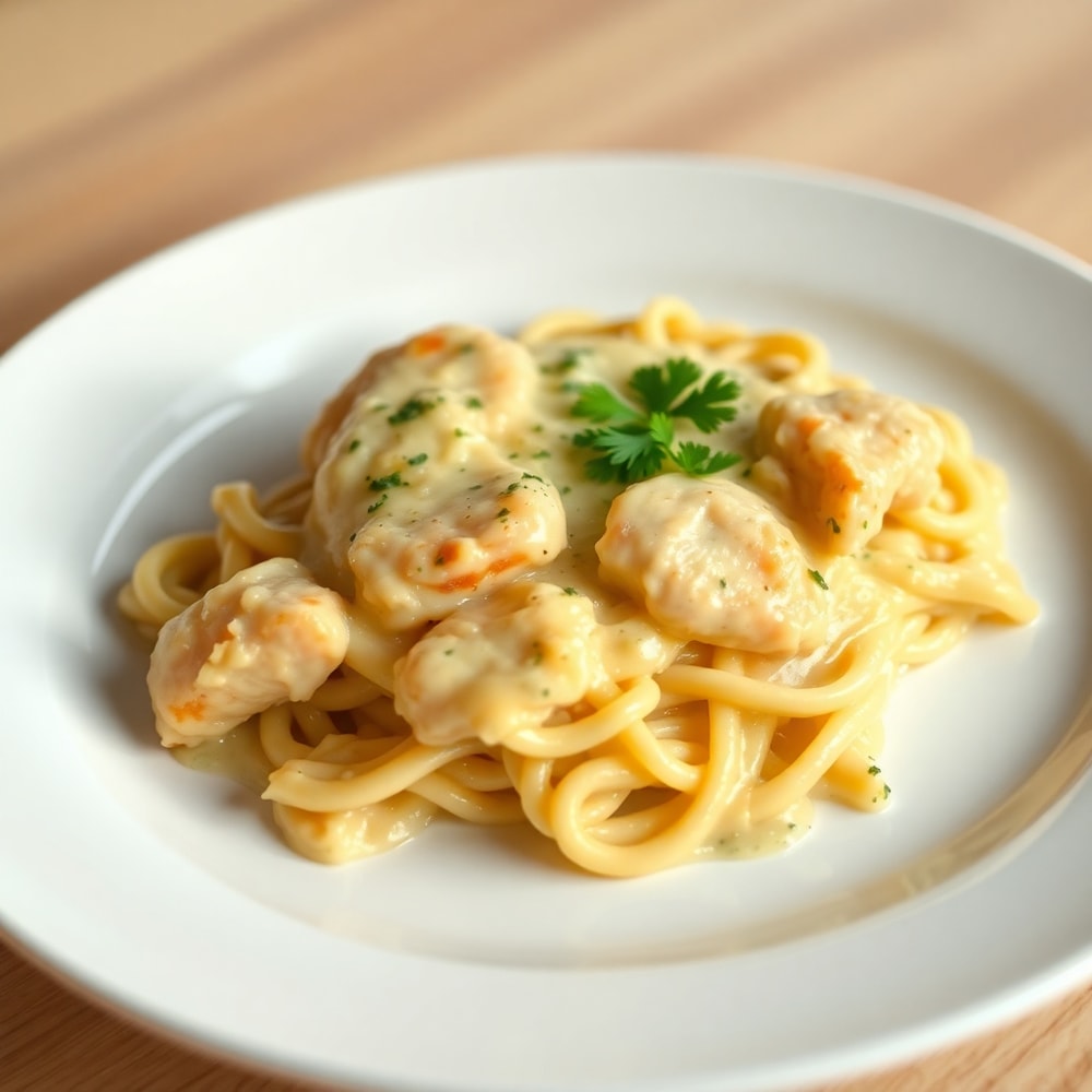 Plated Serving of Chicken Tetrazzini with Parsley Garnish