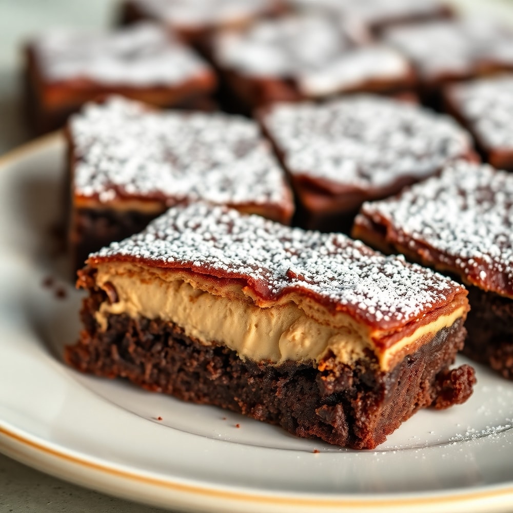 Chocolate mousse brownies plated with a dusting of powdered sugar