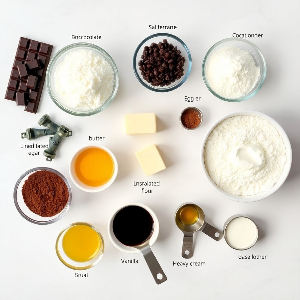 Raw ingredients for chocolate mousse brownies: chocolate, butter, sugar, eggs, flour, cocoa powder, salt, vanilla extract, and heavy cream