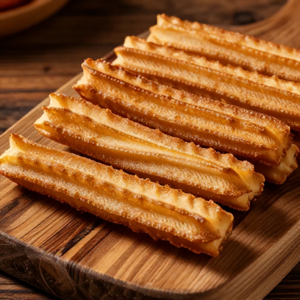 Plated churro cracker candy on a rustic wooden board