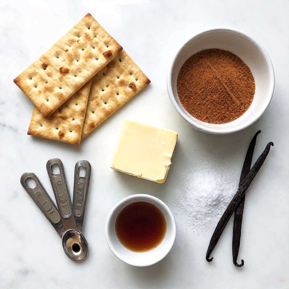 Raw ingredients for churro cracker candy: crackers, butter, cinnamon, sugar, and vanilla extract
