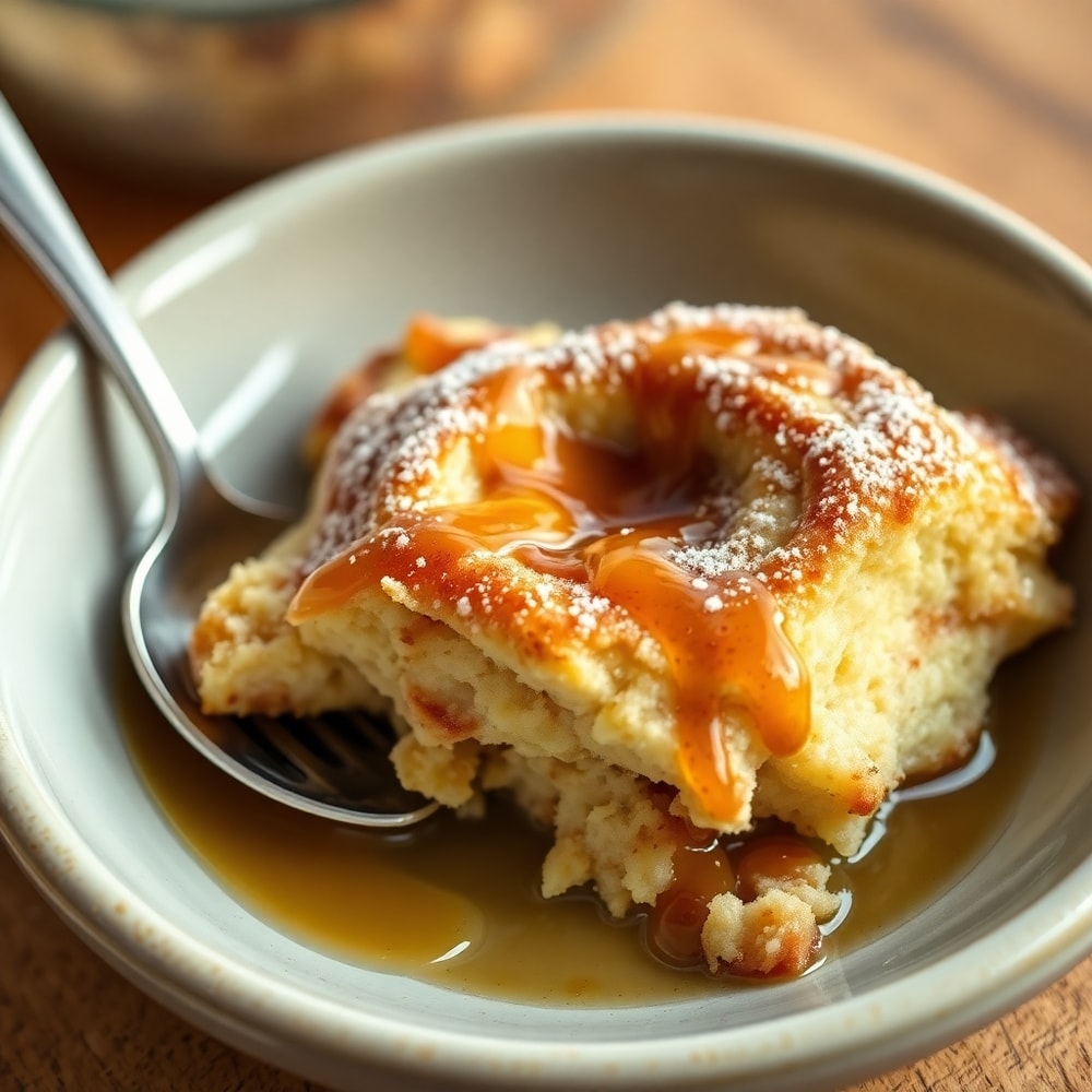 Cinnamon Roll Casserole served in a bowl with a spoon