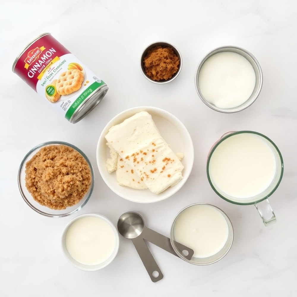 Cinnamon Roll Casserole ingredients including canned biscuits, cinnamon, and cream cheese
