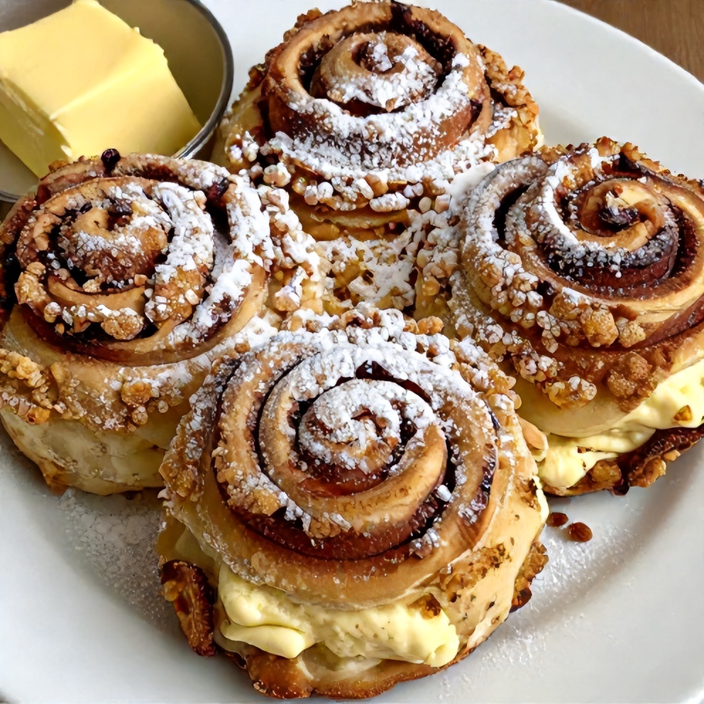 Plated Cinnamon Sugar Cream Cheese Rolls with a side of butter