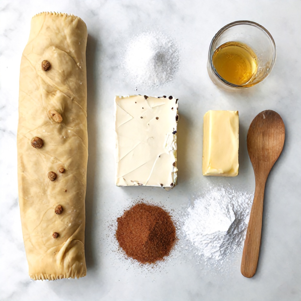 Raw ingredients for Cinnamon Sugar Cream Cheese Rolls on a marble surface