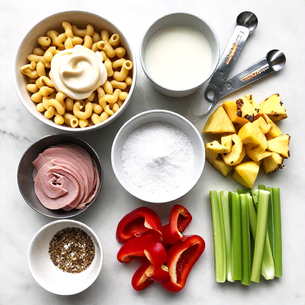 Raw ingredients for Macaroni Hawaiian Salad