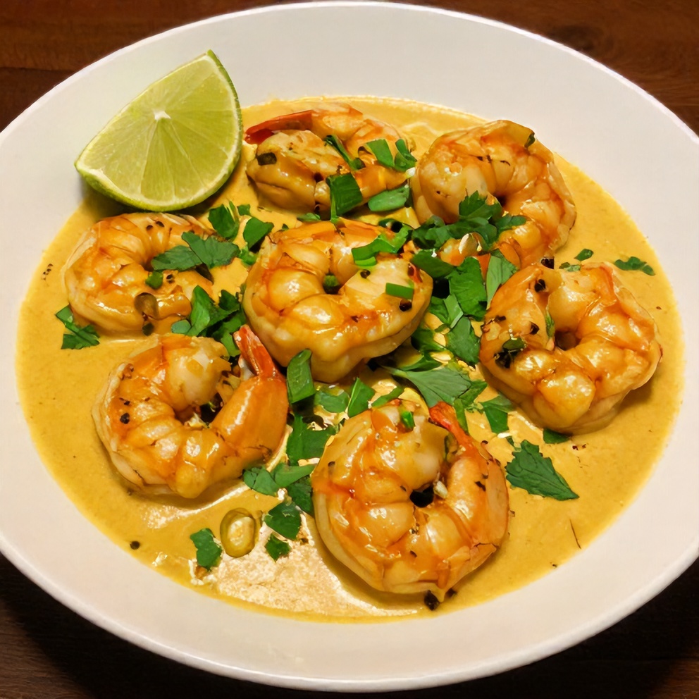Plated Easy Coconut Curry Shrimp with garnish