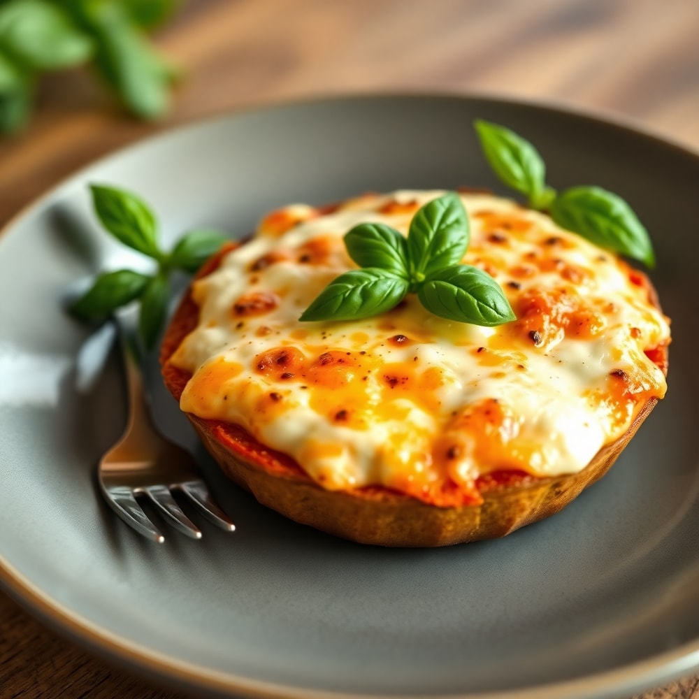 Cottage Cheese Pizza Bowl plated with fresh basil