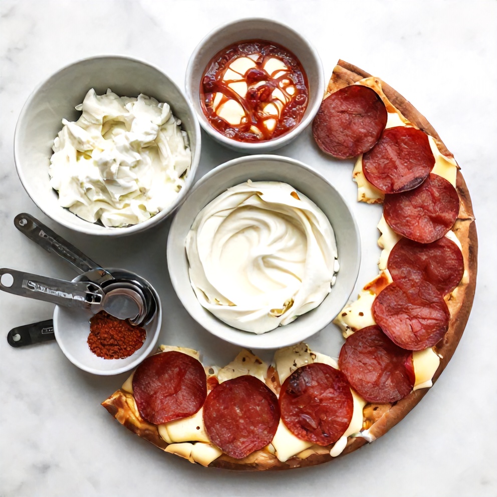 Raw ingredients for Cottage Cheese Pizza Bowl: cottage cheese, pizza sauce, mozzarella, pepperoni