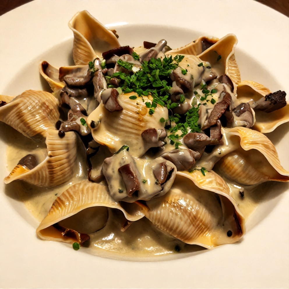 Plated serving of Creamy Beef Shells with a sprinkle of chopped parsley, on a white plate