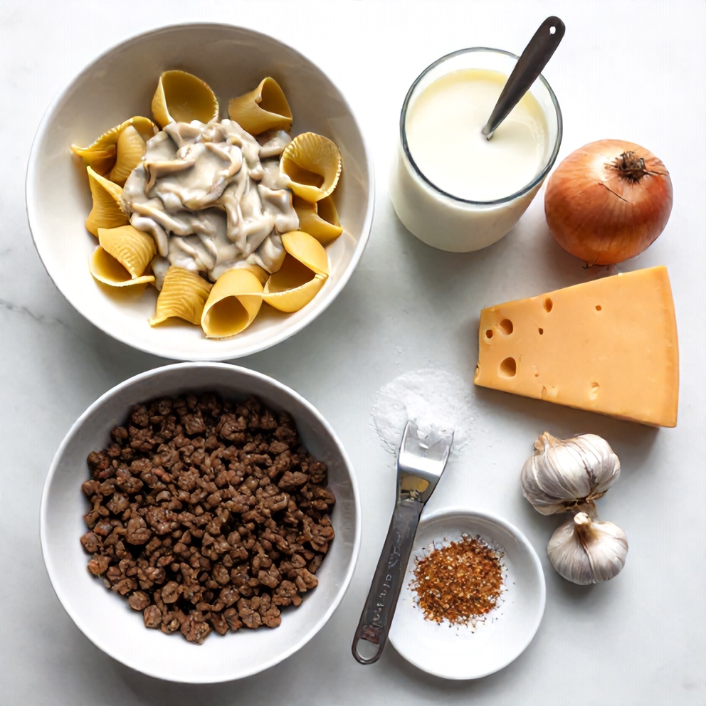 Raw ingredients for Creamy Beef Shells: ground beef, pasta shells, cream of mushroom soup, milk, cheddar cheese, onion, garlic, salt, pepper, and Italian seasoning