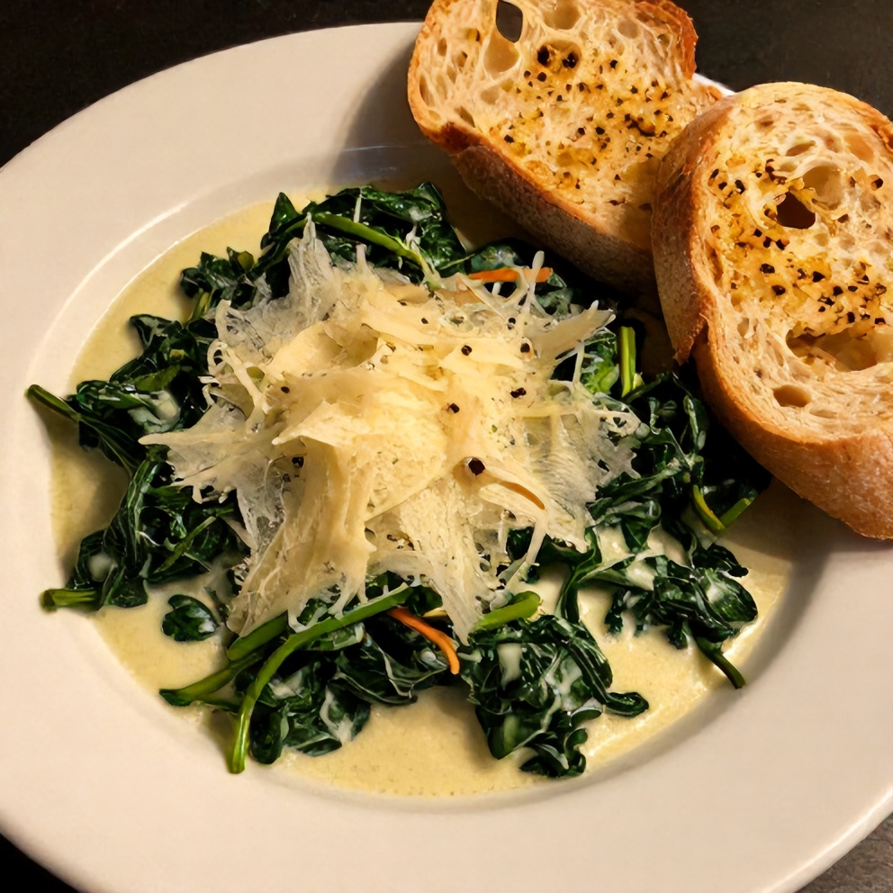 Plated creamy spinach with parmesan cheese and garlic bread