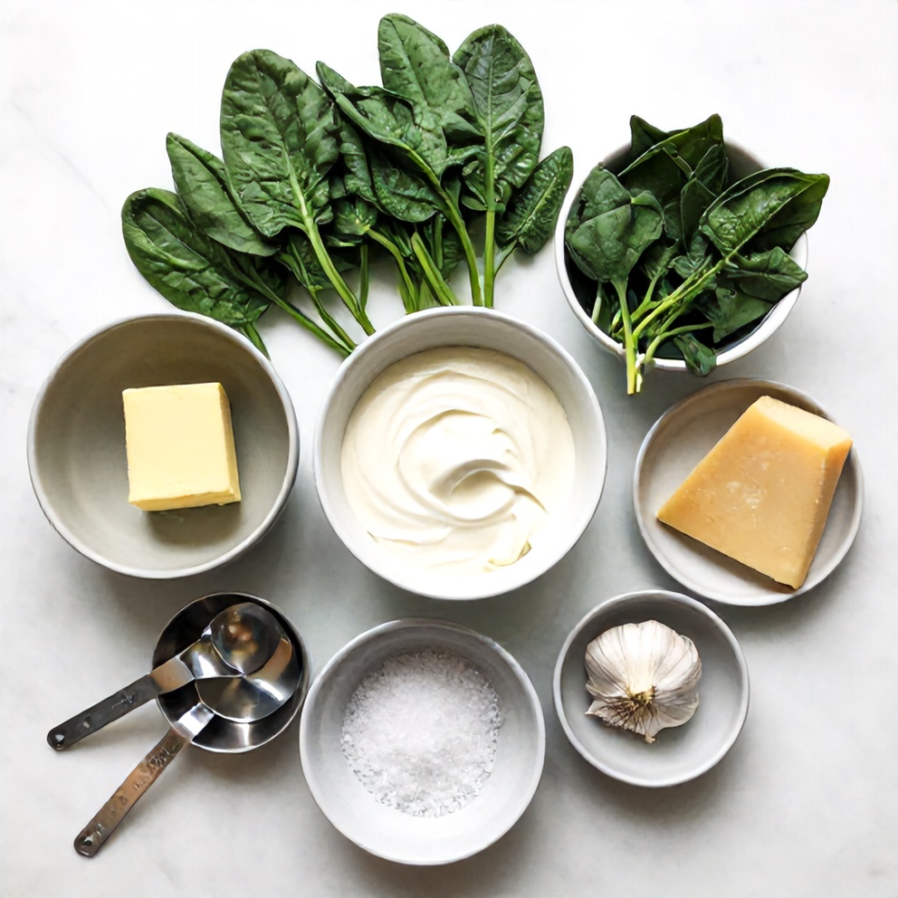 Raw ingredients for creamy spinach: spinach, butter, garlic, heavy cream, parmesan cheese, salt, and pepper