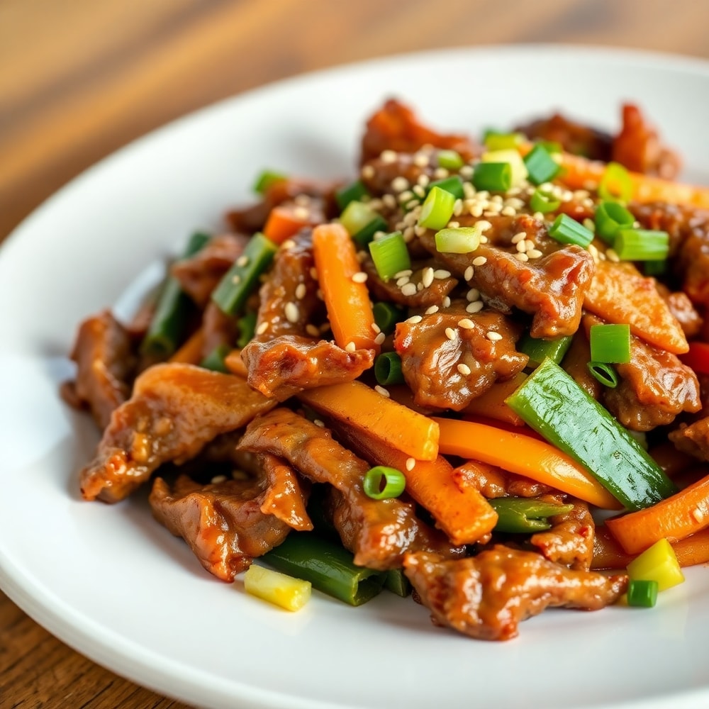 Plated serving of crispy beef stir fry