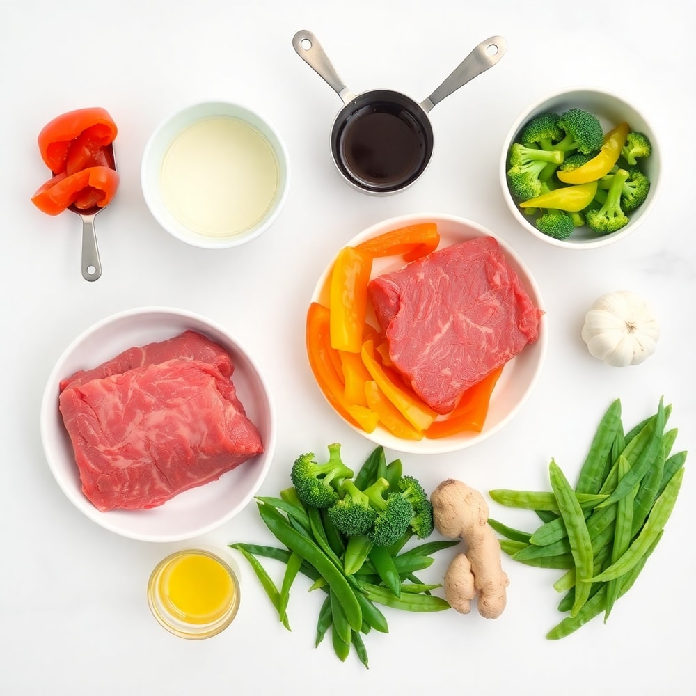 Raw ingredients for beef stir fry arranged in a flat lay