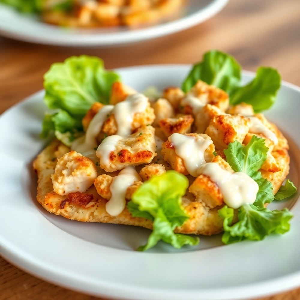 Plated Chicken Caesar Salad Pizza with a side of garlic bread