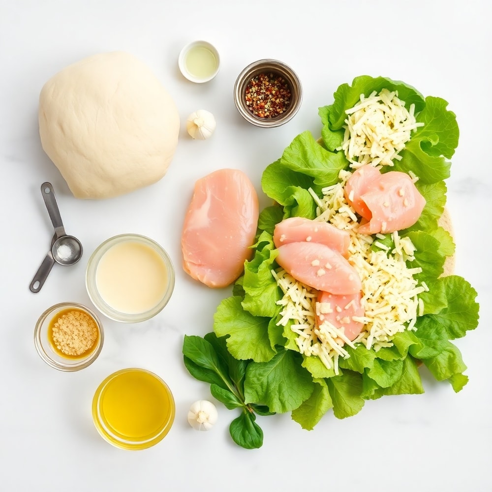 Raw ingredients for Chicken Caesar Salad Pizza on a marble surface