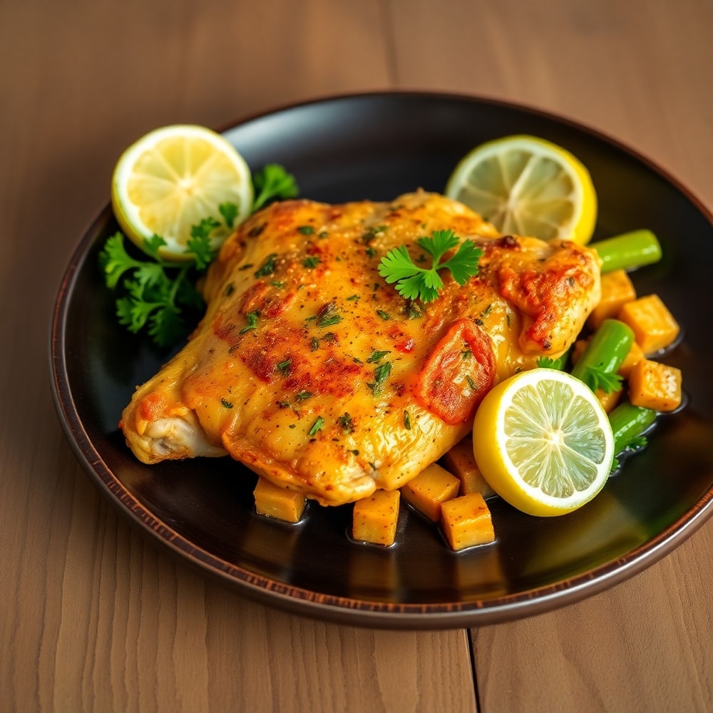Plated crispy lemon herb chicken with vegetables