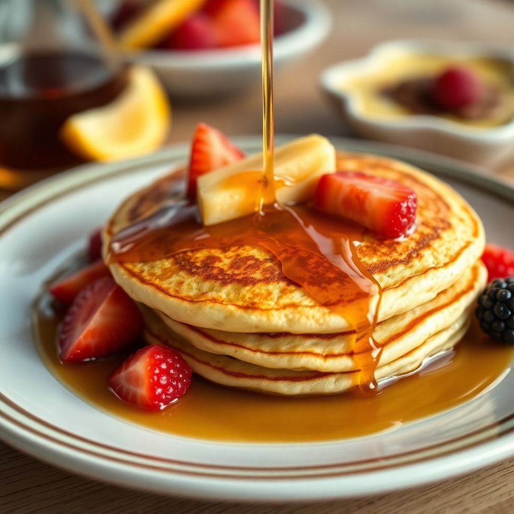 Plated lion pancakes with syrup and fresh fruit