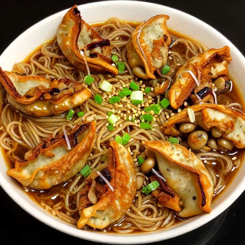 Pork Potsticker Noodle Bowl Close-up