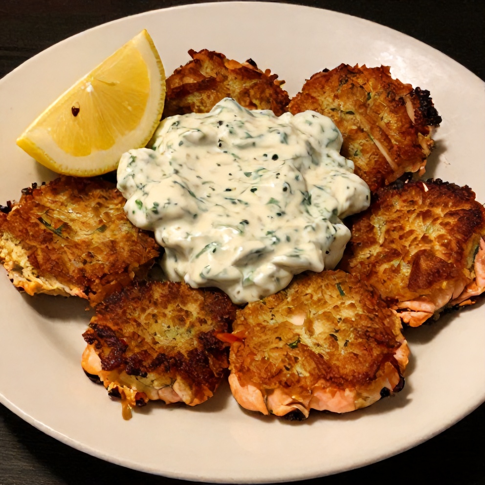 Plated salmon cakes with creamy dill sauce and lemon wedge